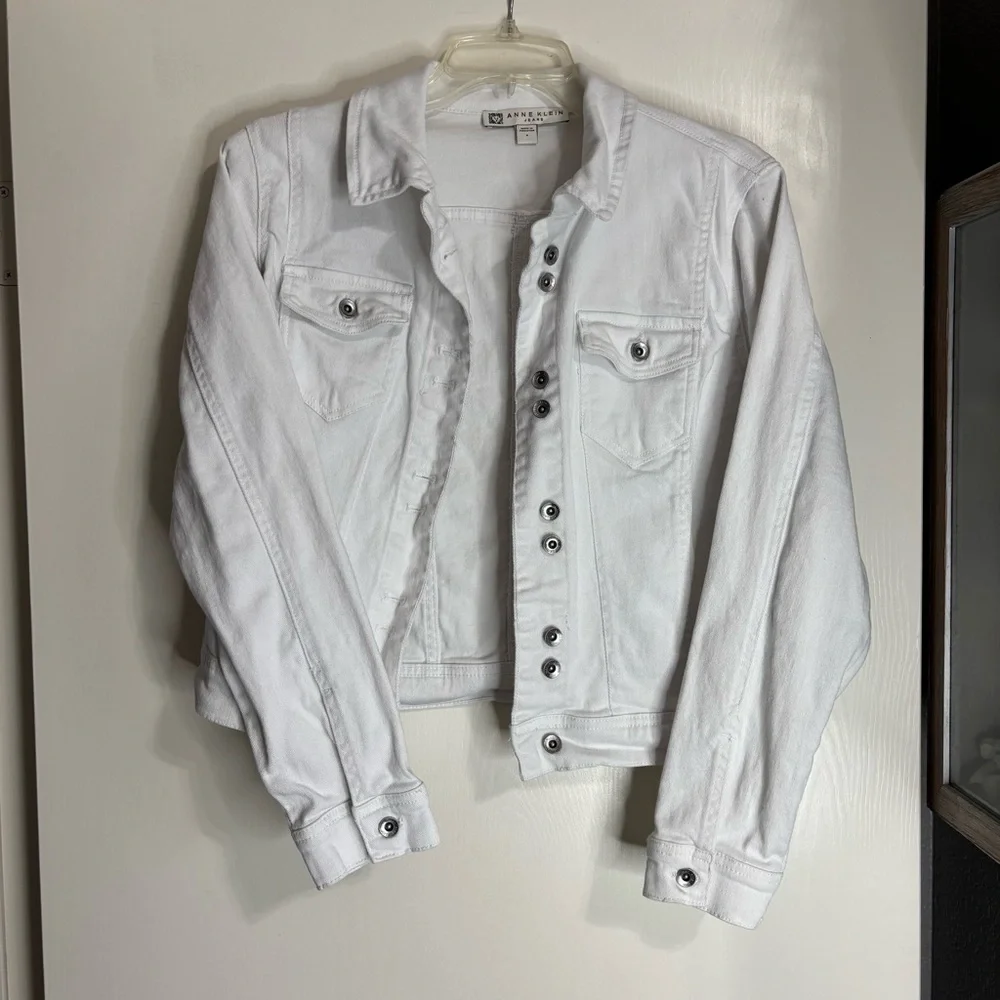 Anne Klein White Jean Jacket Cropped Classic - Picture 2 of 6